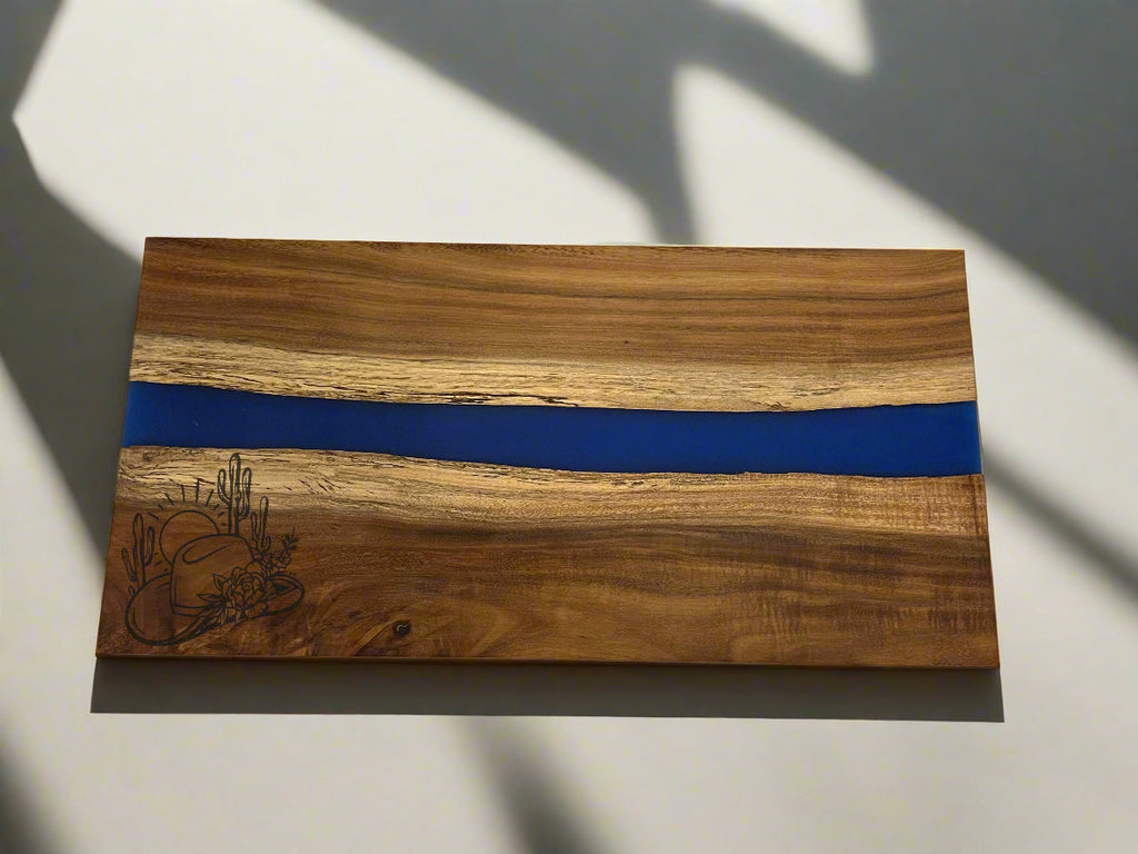 Personalized Acacia Wood Serving Board with Blue Pearl Resin River – 18x9" Custom Charcuterie Platter