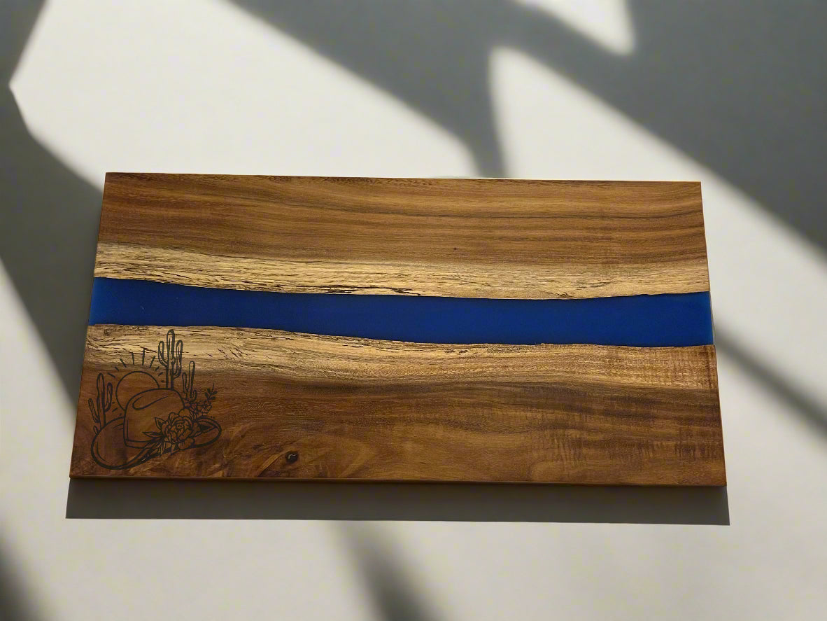 Personalized Acacia Wood Serving Board with Blue Pearl Resin River – 18x9" Custom Charcuterie Platter