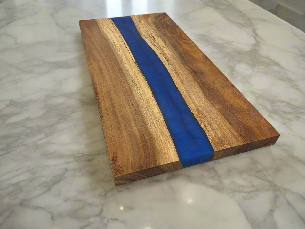 Personalized Acacia Wood Serving Board with Blue Pearl Resin River – 18x9" Custom Charcuterie Platter