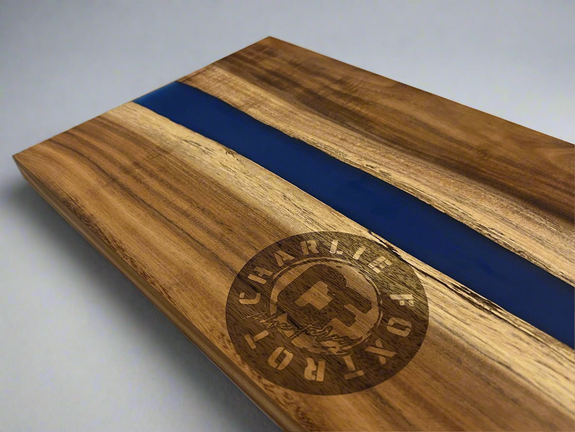 Personalized Acacia Wood Serving Board with Blue Pearl Resin River – 18x9" Custom Charcuterie Platter