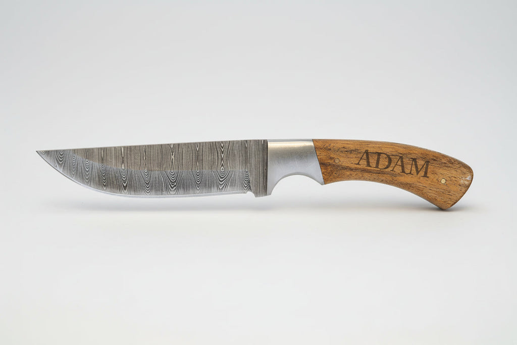 9 1/2" Fixed Blade Wood Knife with Damascus Steel Blade and Leather Sheath