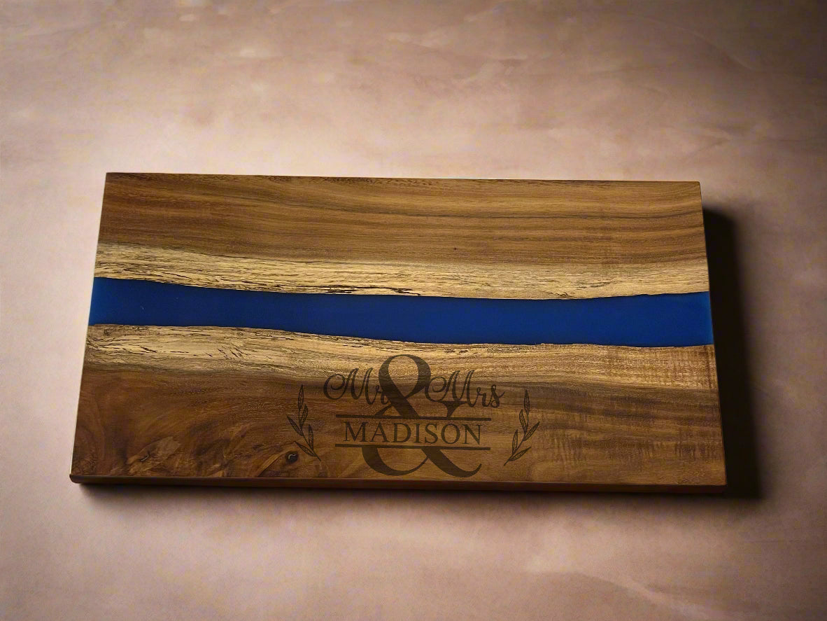 Personalized Acacia Wood Serving Board with Blue Pearl Resin River – 18x9" Custom Charcuterie Platter